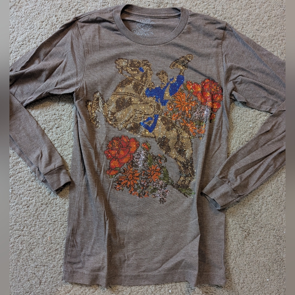 Rodeo Quincy Rhinestone Bronc Rider Long Sleeve Top - Small